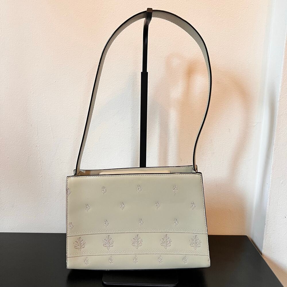 Adrienne Vittadini Floral Embroidery Cool Tone Cream Leather Shoulder Bag